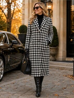 Ann Taylor Houndstooth Long Wool Blend Coat - Black & White Medium